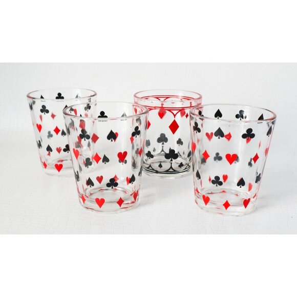 Vintage Set of 4 Clubs Hearts Diamonds Spades Dominion Glass Barware Lowball - Picture 1 of 4